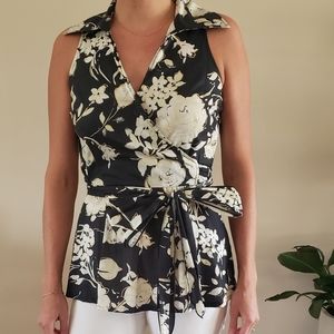 Black and white floral wrap tank top